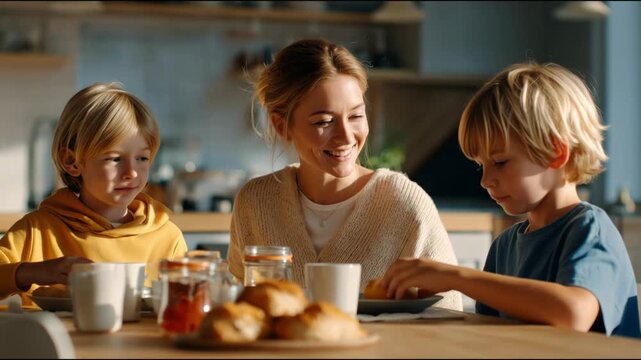 Beautiful mother having breakfast with her two young sons, enjoying a sunny morning in the kitchen