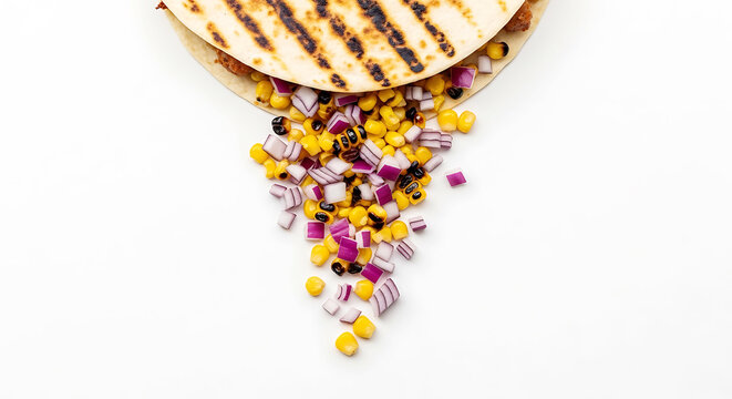 Grilled tortilla with toppings of corn kernels and red onions spilling out