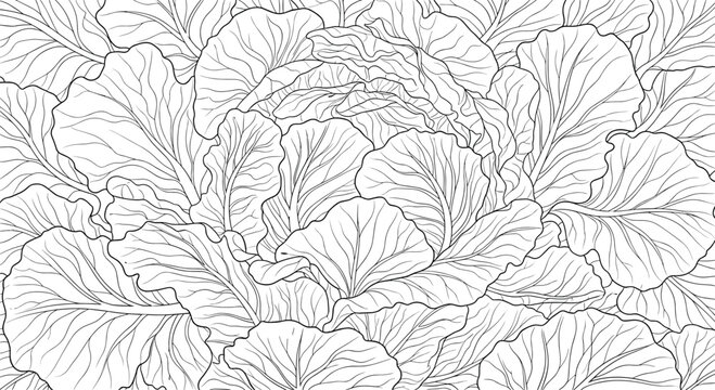 Intricate line art pattern of dense cabbage leaves showing detailed veins and textures in a black and white design.