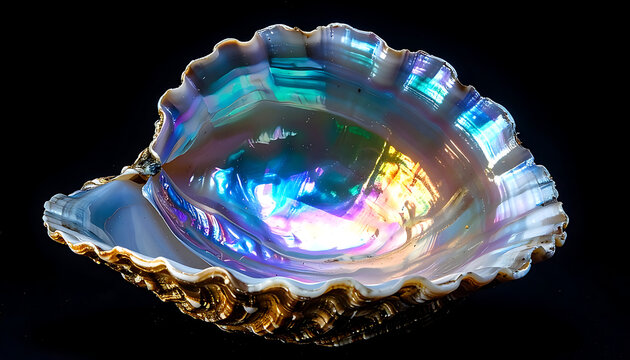 Iridescent abalone shell with complex reflective patterns and detailed texture, macro photography
