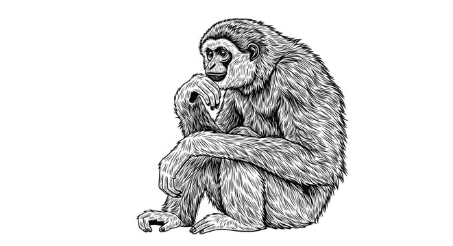 Detailed black and white engraving of a thoughtful monkey or gibbon sitting in a contemplative pose on a white background.
