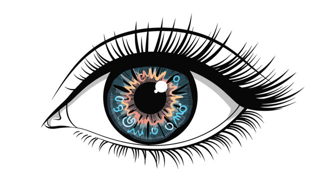 Striking illustration of a human eye featuring a vibrant and abstract colorful pattern within the iris area.