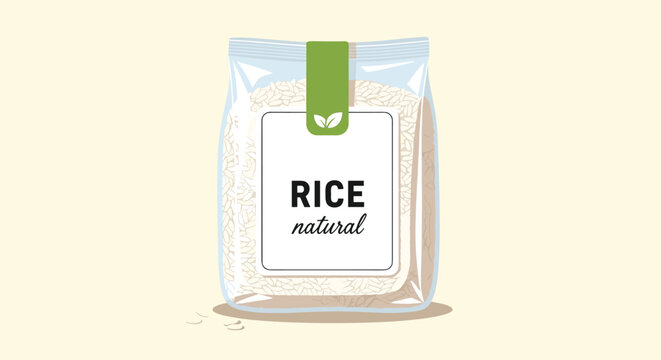 Realistic product illustration of a bag of natural white rice with a clean green leaf label on a light background.