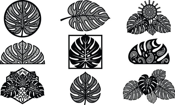 Monstera Leaf Collection with Intricate Zentangle Patterns, Tropical Botanical Designs, and Decorative Nature Vector Illustrations