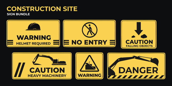 Construction site sign bundle with warnings for helmet, no entry, falling objects, and machinery