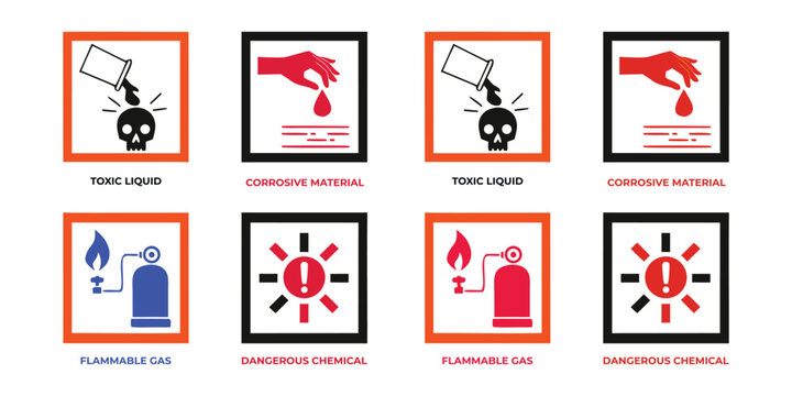 Hazard warning signs for toxic liquid, corrosive material, flammable gas, and dangerous chemical symbols set