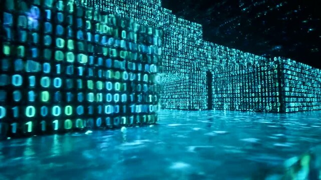 Digital Data Stream in a Futuristic Server Room with Glowing Binary Code Walls and Reflective Floor.
