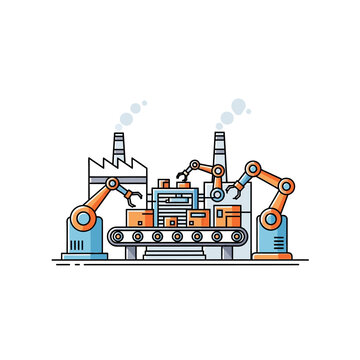 Industrial automation robot arms on factory conveyor belt production line concept