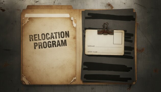 Relocation Program folder with redacted documents and ID card