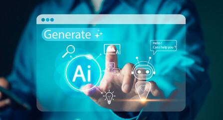 Businessman interacting with Generative AI chatbot interface. Smart assistant for data search, image, idea, language translation content generation, automation technology on blue background display. © Krittamet