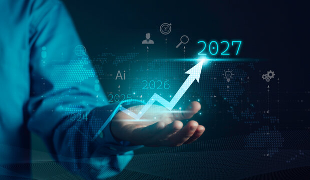 Businessman hand showing rising arrow chart with future years 2024 to 2027. Strategic planning, business growth roadmap, and AI technology innovation concept on global world map background.