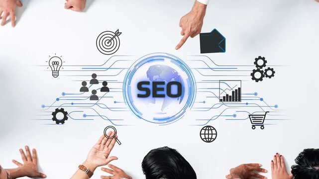 Digital Marketing SEO Strategies and Techniques with Global Connections and Data Analysis Elements on a Modern Table Background. Entropy.