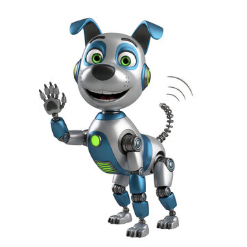Cartoon blue robot dog waving cheerfully