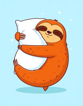A cute cartoon sloth holding a white pillow