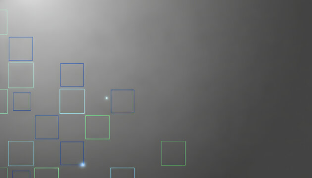 Abstract background with glowing blue and green squares on a dark gradient