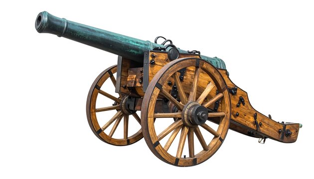 Detailed antique cannon on wooden wheels, isolated on white, showcasing its aged metal and wood construction