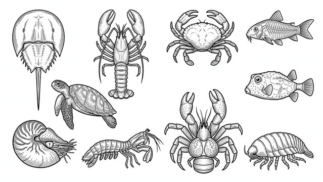 Sea Creatures Collection Hand Drawn Vector Illustration Set Isolated on White Background