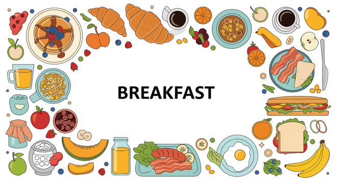 Wide variety of breakfast and brunch food items including pancakes eggs fruit and coffee arranged as a frame.