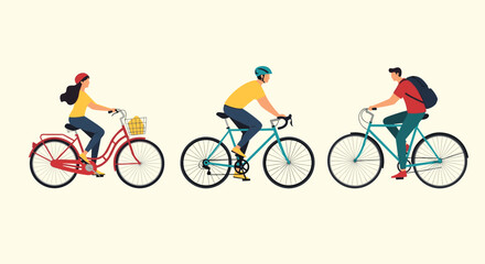 Fototapeta premium Group of diverse people riding different types of bicycles on light background representing eco friendly city transportation and fitness.