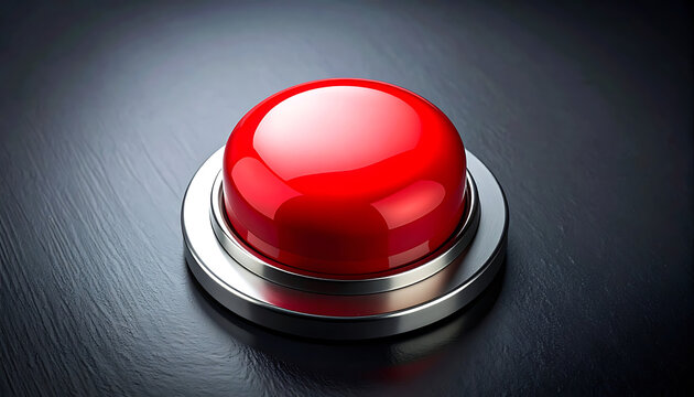 Isolated glossy red button with metallic base on dark textured background, representing activation, decision, or warning