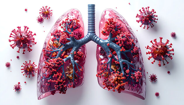 Human lungs infected with covid-19 virus, respiratory illness, pandemic threat