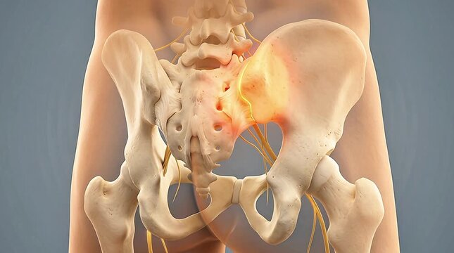 3D Medical Illustration of Sacroiliac Joint Inflammation Showing Inflamed SI Joint with Pelvis Ilium Sacrum Lumbar Nerve and Hip Bone Anatomy