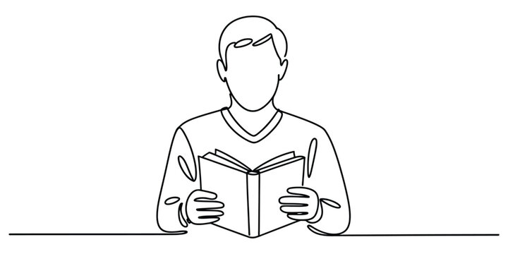 Young man reading a book continuous line drawing