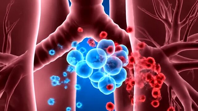 Detailed 3D animation of human lungs with highlighted cancerous cells and respiratory system.