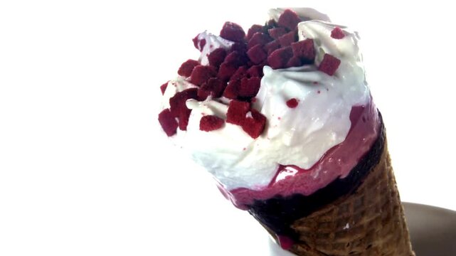 Gourmet berry ice cream cone with whipped cream and red fruit toppings, delicious frozen dessert on white background, sweet summer treat