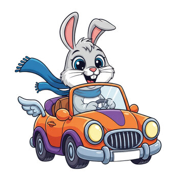 Cartoon rabbit driving colorful vintage car