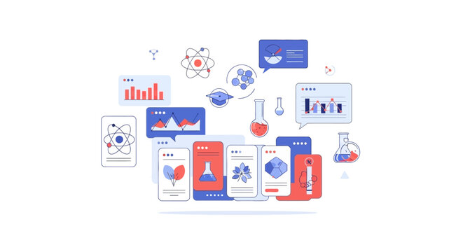 Modern Science and Data Analysis Infographic Illustration with Laboratory Equipment, Research Charts, and STEM Education Symbols