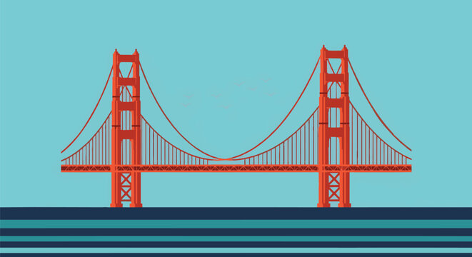 A bold crimson suspension bridge rises over blue water beneath a clear sky highlighting dramatic towers and sweeping cables in a graphic architectural style