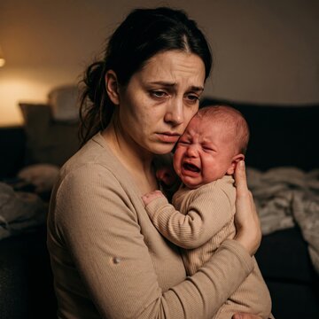 Distressed woman holding crying baby home emotional portrait indoor close-up parenting struggles