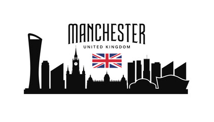 Obraz premium Vector illustration of Manchester skyline in black silhouette, with “MANCHESTER” text, on white background, modern city identity and tourism design