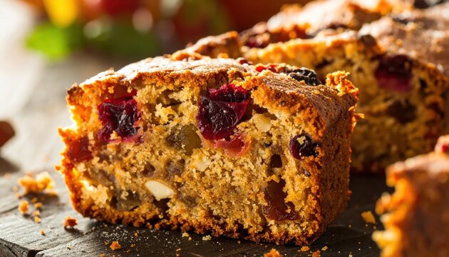 Moist and dense fruitcake slice showcasing rich texture with dried fruit and nuts, a traditional holiday dessert