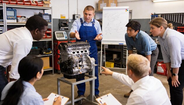 Professional mechanic instructor in blue overalls explaining internal combustion engine parts to a diverse group of attentive students during a vocational training course in a workshop.