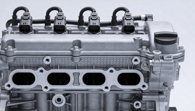 Detailed view of a clean silver car engine component showing the cylinder head and ignition system connectors for automotive maintenance and mechanical engineering concepts.