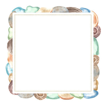 Watercolor illustration: hand-painted square frame with seashells and sea glass. Isolated. Mediterranean coastal style. For decoration, design, packaging, scrapbooking, invitations, stationery