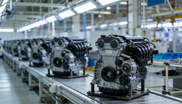 Modern car engines moving along an automated conveyor belt in a clean automotive manufacturing plant for vehicle assembly and industrial production.