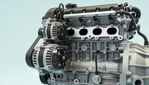 Detailed 3d render of a modern car engine showing internal components, alternators, and intake ports against a clean background for automotive engineering and repair.