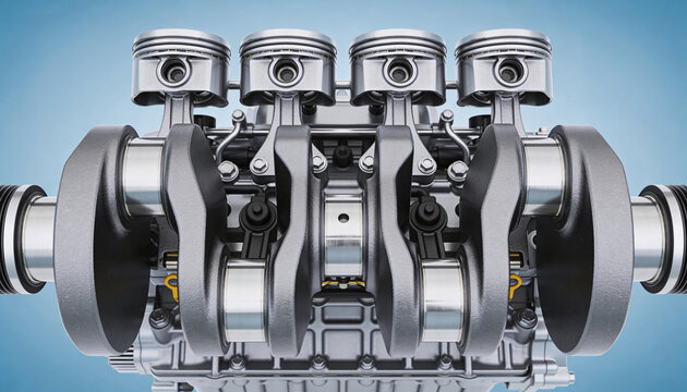 Detailed 3D render of a metallic internal combustion engine crankshaft with pistons and connecting rods for automotive engineering and mechanical education.