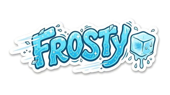Frosty Word Art: A dynamic and cool Frosty text design rendered in icy blue hues, featuring motion lines and a melting ice cube.