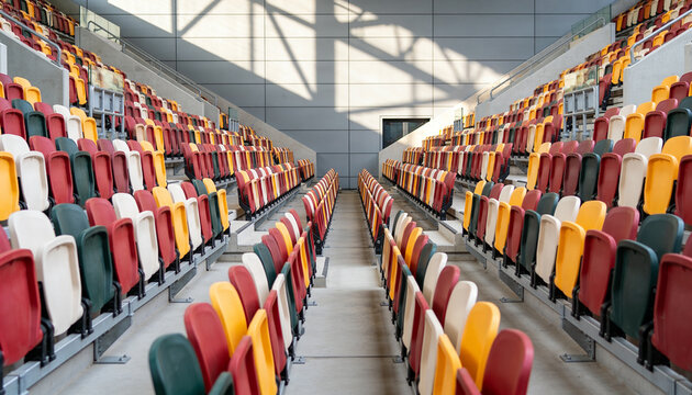 Rows of empty colorful plastic chairs in a modern sports stadium grandstand during daytime, waiting for spectators and fans before a professional athletic event.