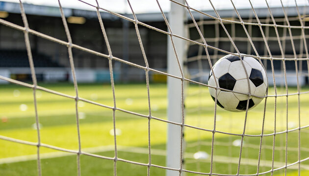 Soccer ball hitting the back of the net during a professional match at a stadium on a sunny day, representing a winning goal, sports achievement, and athletic competition.
