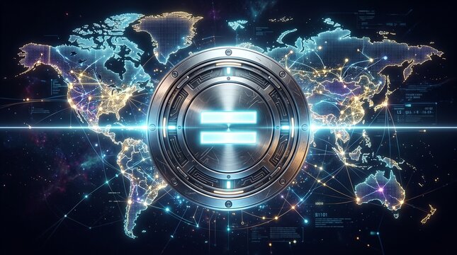 Glowing equal sign over world map