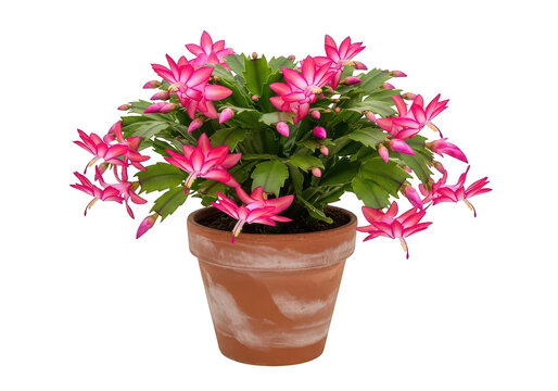 Vibrant pink schlumbergera cactus plant blooming in a rustic terracotta clay pot for indoor home decoration isolated on a transparent background