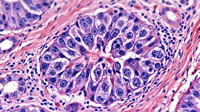 Microscopic view of abnormal cell cluster within tissue, scientific research