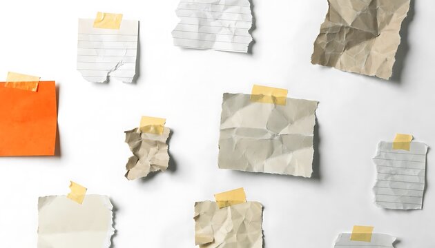 A collection of crumpled and torn paper notes affixed with adhesive tape on a white surface blank bright