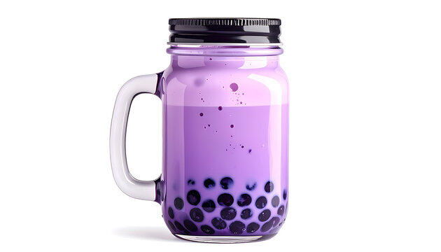 Iced taro milk tea in a mason jar with tapioca pearls, refreshing purple beverage perfect for summer refreshment