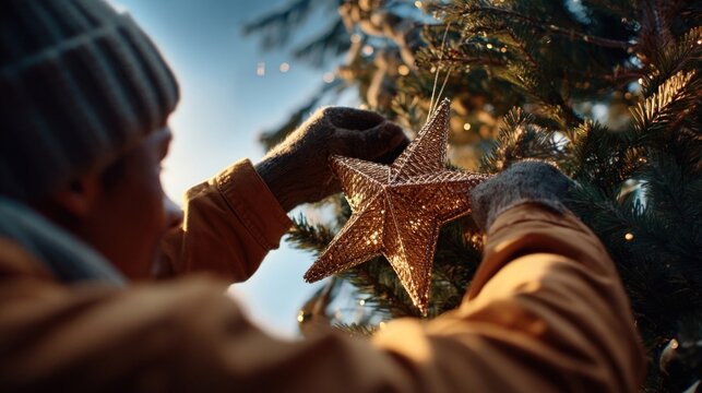 A person hanging a star on the top of the tree,